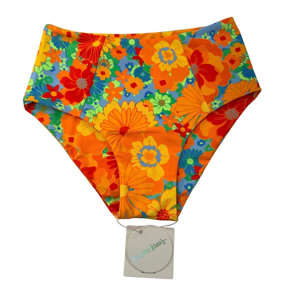 NEW Kulani Kinis Rumba Rose High Waist‎ Panel Bikini Bottom XS Orange Retro 70s